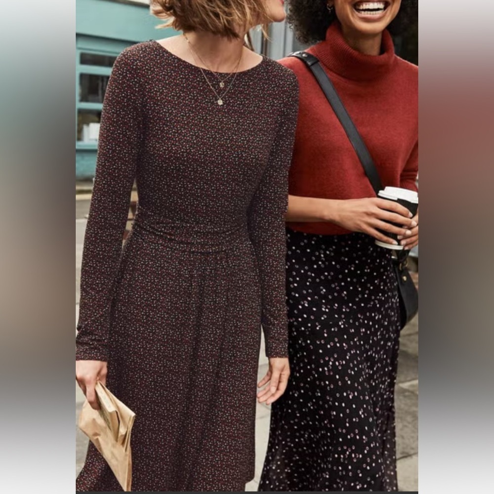 BODEN “Abigail” Blk, Brwn & White Polka Dot Jersey dress w/ Pockets Size 8L NWOT